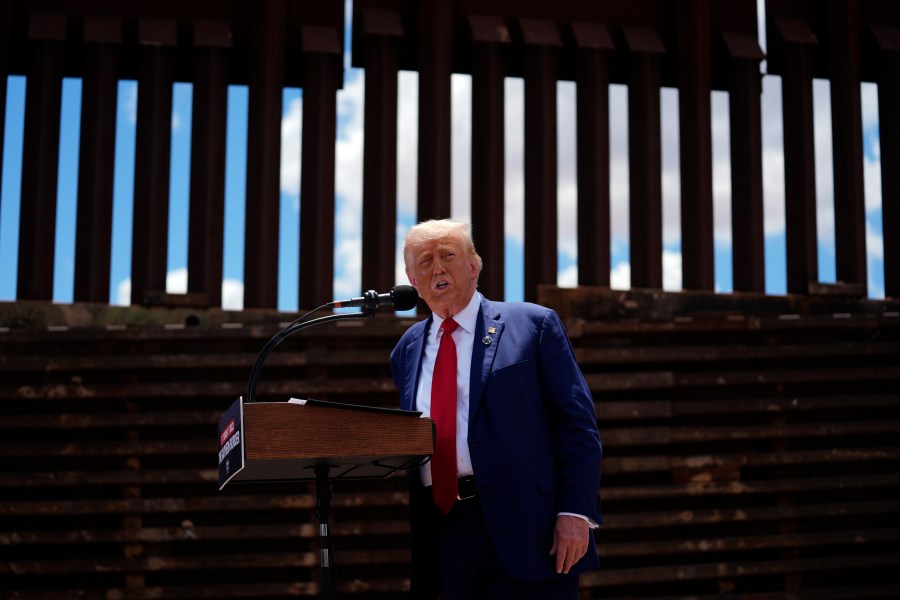 FILE - Republican presidential nominee former President Donald Trump speaks along the southern border with Mexico, on Aug. 22, 2024, in Sierra Vista, Ariz. (AP Photo/Evan Vucci, File)