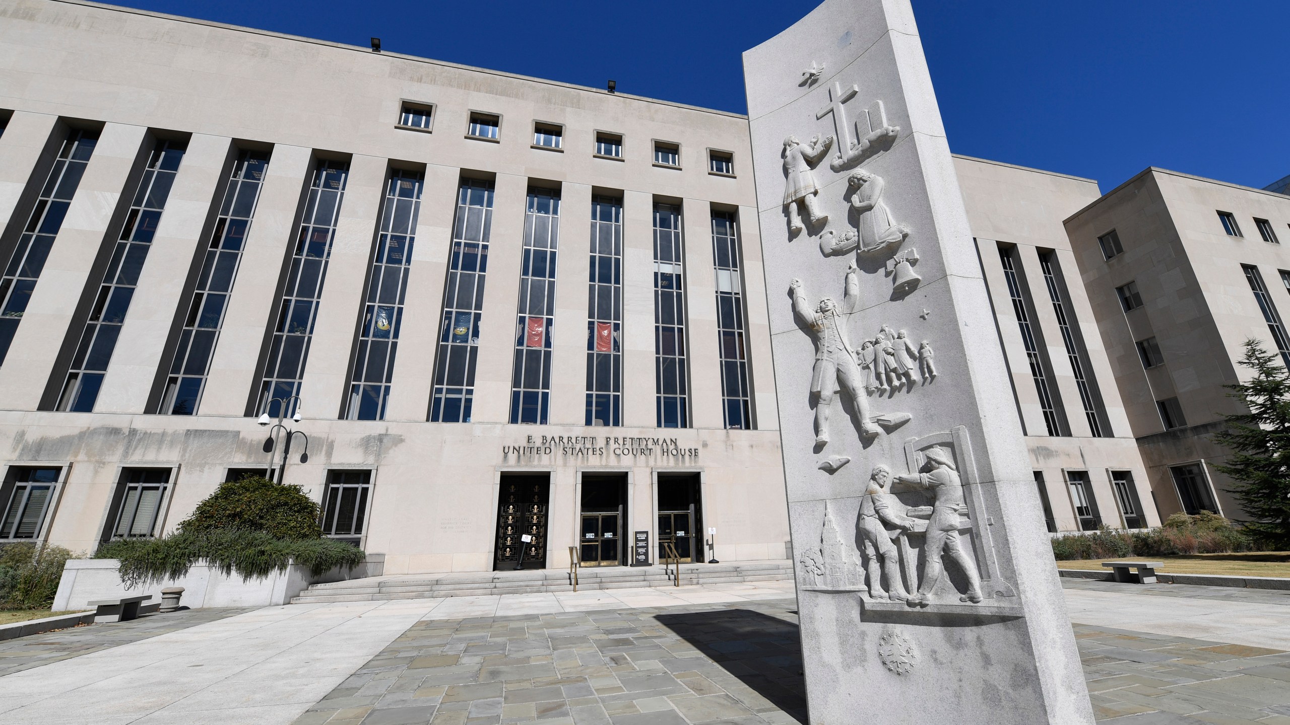 FILE - The E. Barrett Prettyman United States Courthouse in Washington, Oct. 11, 2019 . Rubén Oseguera, the son of a Mexican drug cartel leader, has been convicted of charges that he used violence to help his father operate one of the country’s largest and most dangerous narcotics trafficking organizations. (AP Photo/Susan Walsh, File)