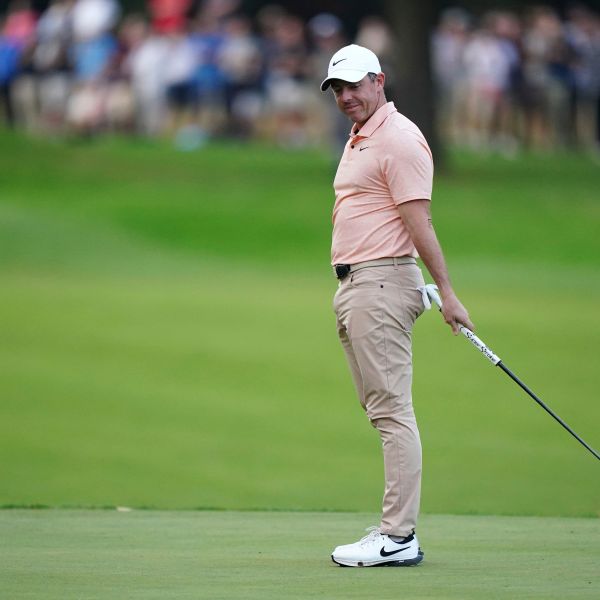 Northern Ireland's Rory McIlroy reacts after missing his birdie putt on the 18th during day two of the 2024 BMW PGA Championship at Wentworth Golf Club in Virginia Water, England, Friday Sept. 20, 2024. (Zac Goodwin/PA via AP)