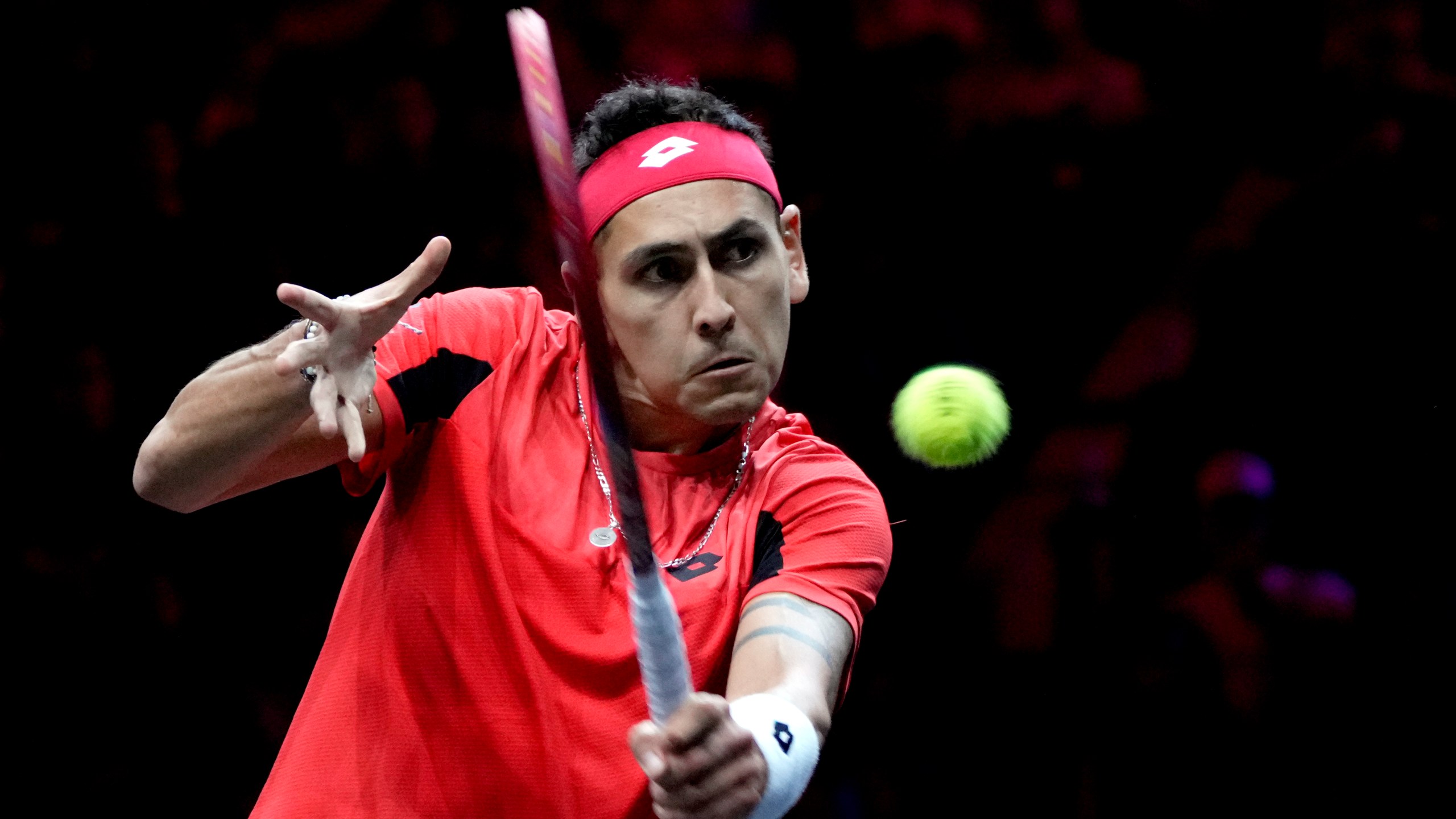 Team World's Alejandro Tabilo returns the ball during his singles tennis match against team Europe's Grigor Dimitrov on the first day of the Laver Cup tennis tournament at the Uber arena in Berlin, Germany, Friday, Sept. 20, 2024. (AP Photo/Ebrahim Noroozi)