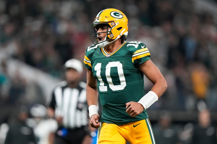 Green Bay Packers quarterback Jordan Love (10) reacts during the second half of an NFL football game against the Philadelphia Eagles, Friday, Sept. 6, 2024, at the Neo Quimica Arena in Sao Paulo. (AP Photo/Doug Benc)