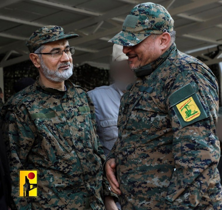 This undated photo provided by Hezbollah Military Media on Saturday, Sept. 21, 2024, shows Hezbollah commander Ibrahim Akil, left, with another unidentified Hezbollah commander. (Hezbollah Military Media vía AP)