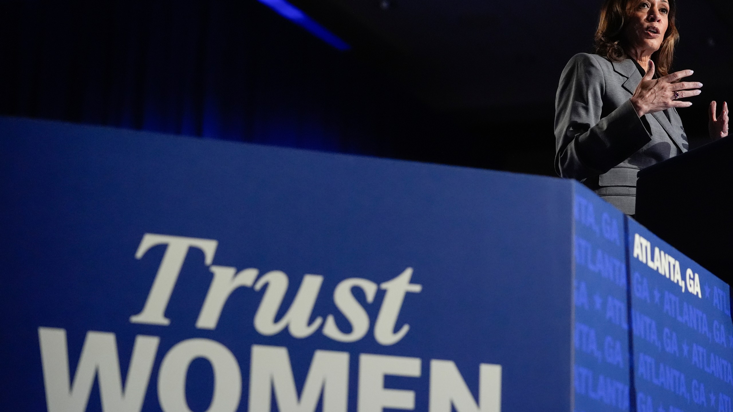 Democratic presidential nominee Vice President Kamala Harris speaks during a campaign event on Friday, Sept. 20, 2024, in Atlanta. (AP Photo/Brynn Anderson)