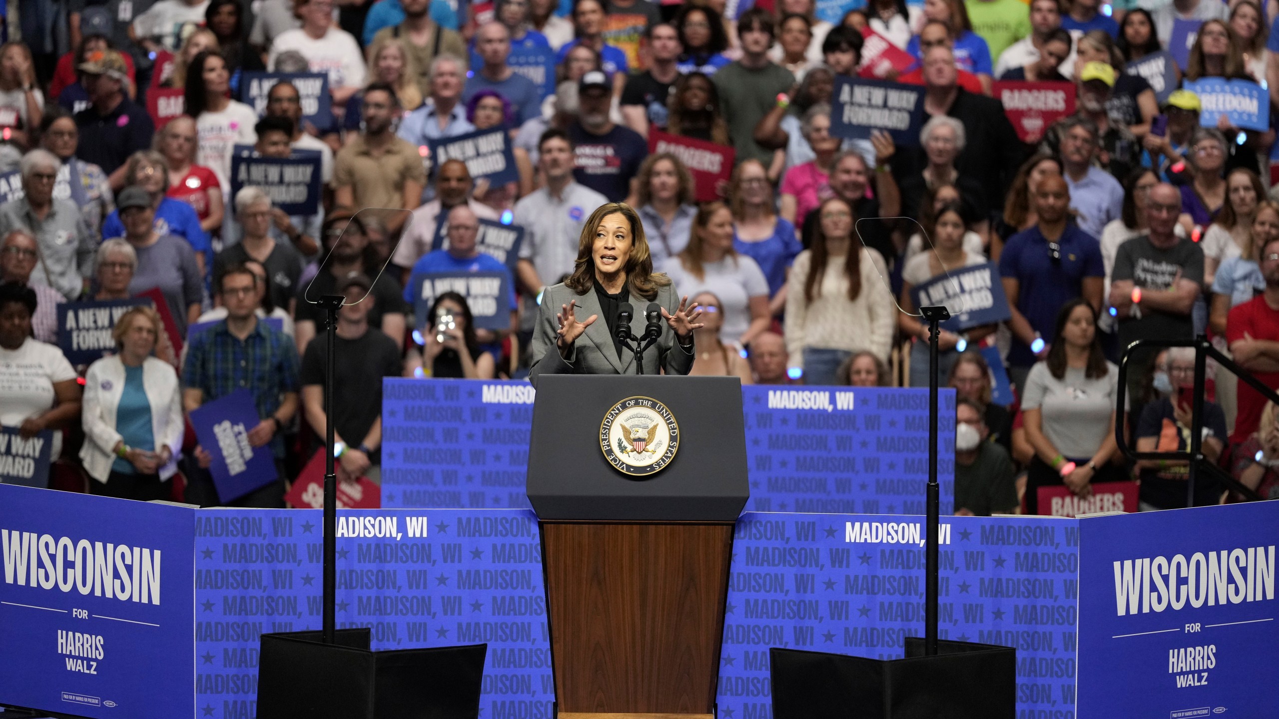 Democratic presidential nominee Vice President Kamala Harris speaks at a campaign event Friday, Sept. 20, 2024, in Madison, Wis. (AP Photo/Morry Gash)