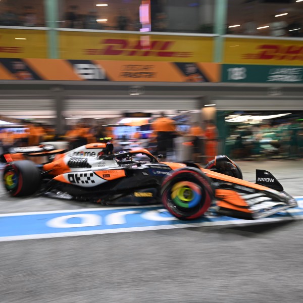 McLaren driver Lando Norris of Britain leaves the pit lane during the qualifying session of the Singapore Formula One Grand Prix at the Marina Bay Street Circuit, in Singapore, Saturday, Sept. 21, 2024. (Mohd Rasfan/Pool Photo via AP)