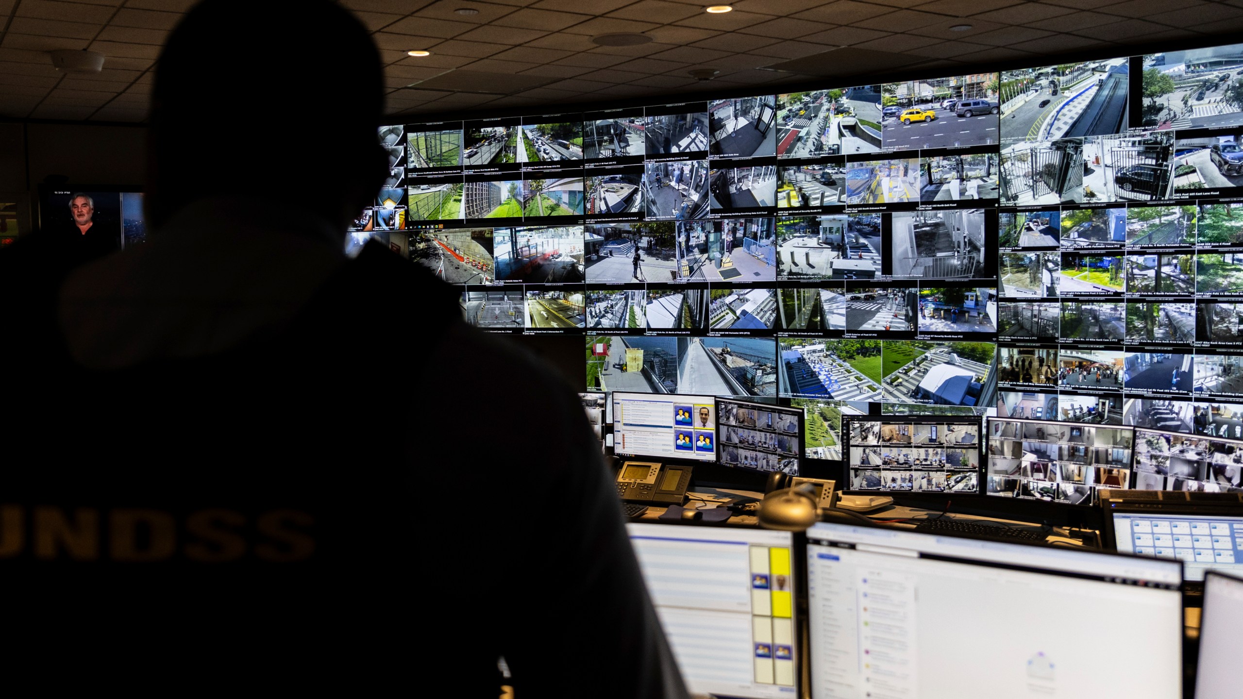 A U.N. security officer inside the U.N. Security Operations Center inside the United Nations Headquarters, Friday Sept. 20, 2024. (AP Photo/Stefan Jeremiah)