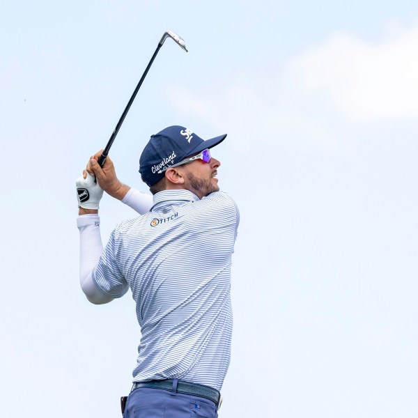 Legion XIII alternate John Catlin hits from the 11th tee during the semifinals of LIV Golf Team Championship Dallas at Maridoe Golf Club, Saturday, Sept. 21, 2024, in Carrollton, Texas. (LIV Golf via AP)