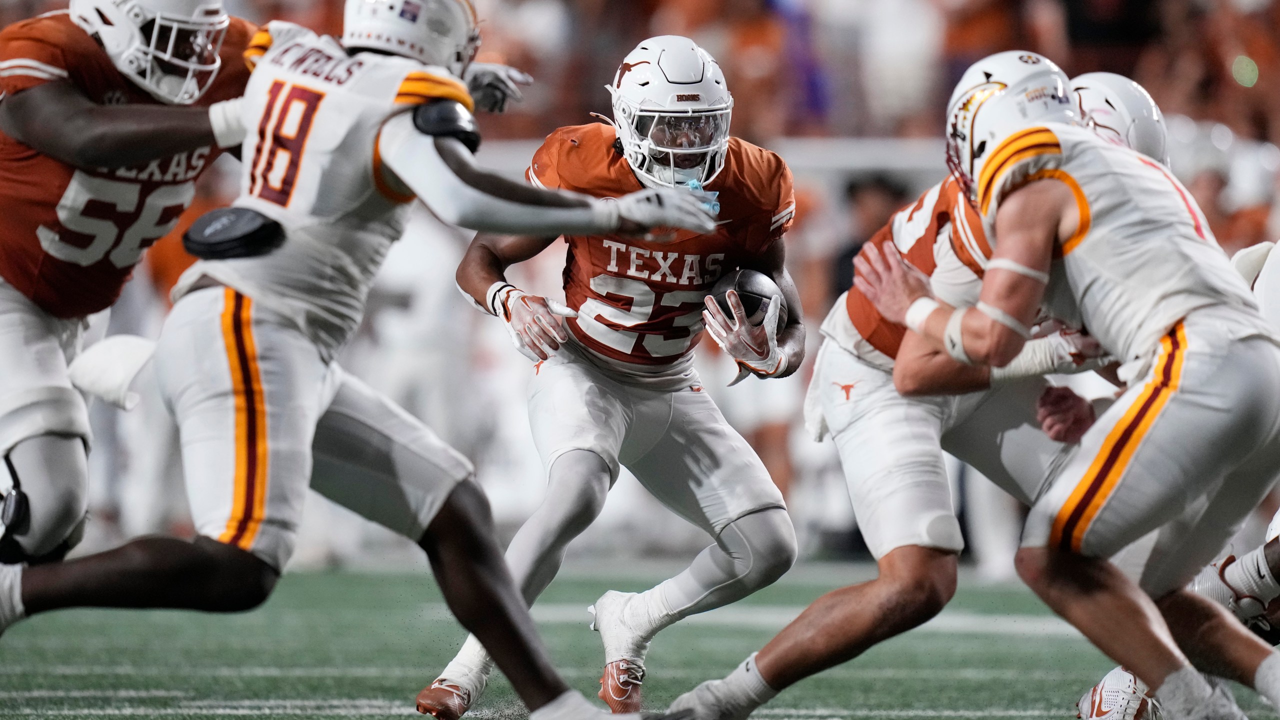 Texas running back Jaydon Blue (23) runs against Louisiana-Monroe during the first half of an NCAA college football game in Austin, Texas, Saturday, Sept. 21, 2024. (AP Photo/Eric Gay)