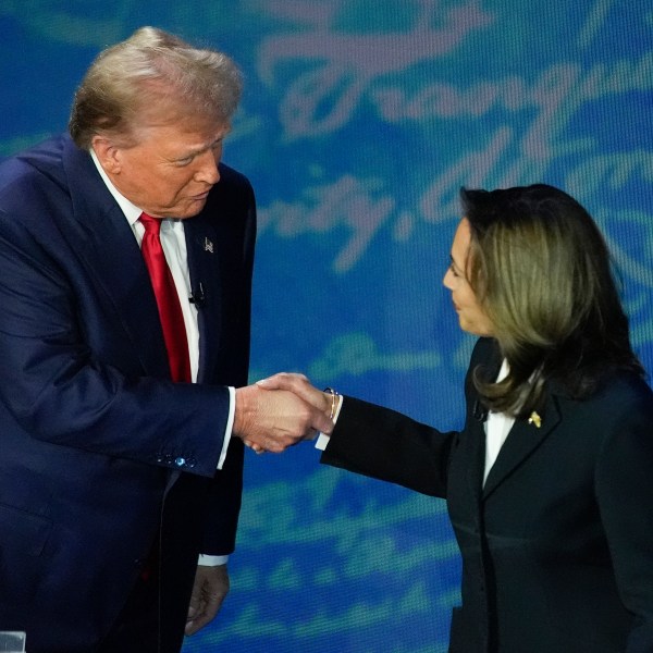 FILE - Republican presidential nominee former President Donald Trump and Democratic presidential nominee Vice President Kamala Harris shake hands before the start of an ABC News presidential debate at the National Constitution Center, Sept. 10, 2024, in Philadelphia. (AP Photo/Alex Brandon, file)