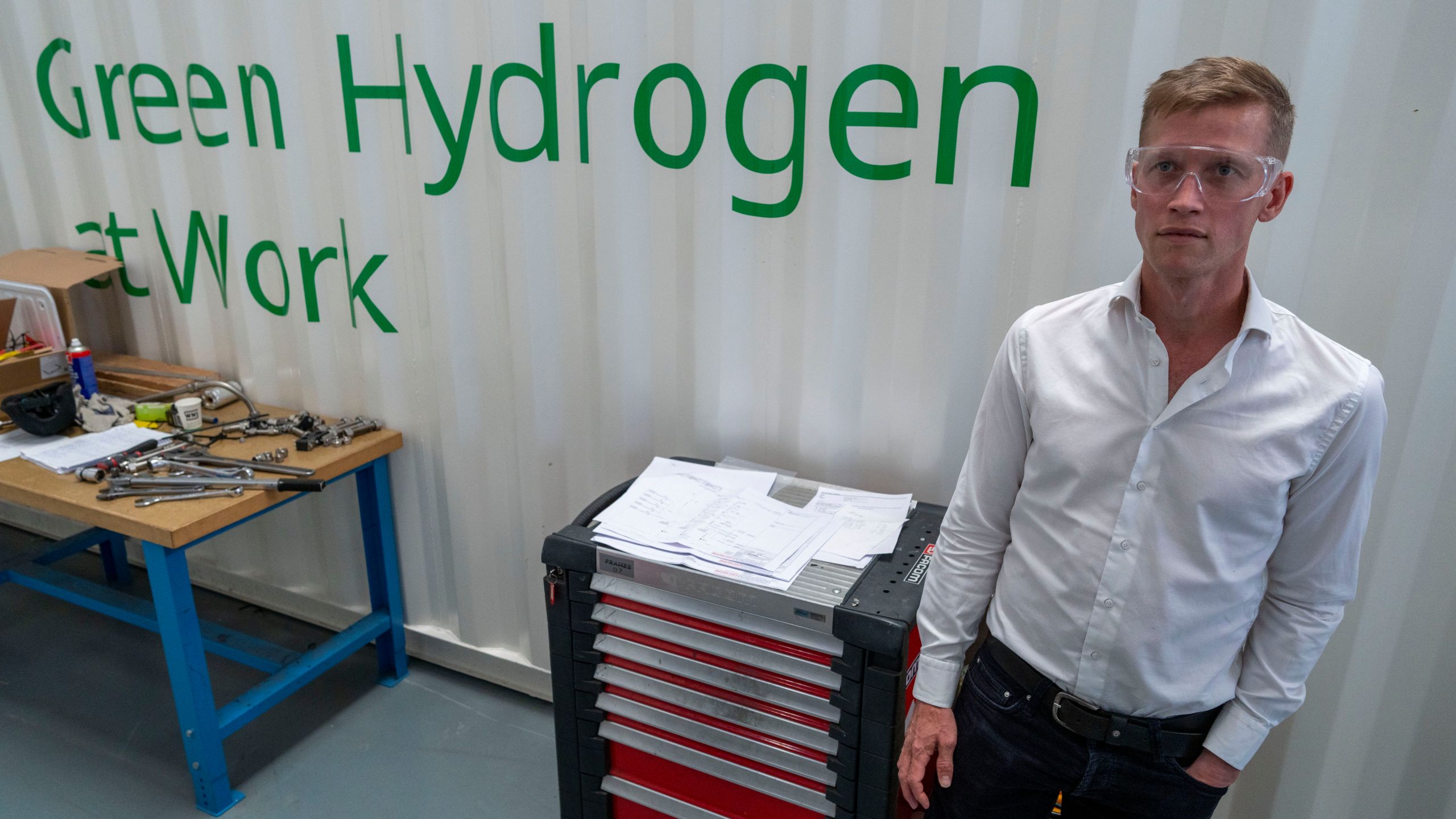 Jordi Zonneveld poses for a portrait at Plug Power where they produce green hydrogen in Alphen aan den Rijn, Netherlands, Friday, June 16, 2023. (AP Photo/Peter Dejong)