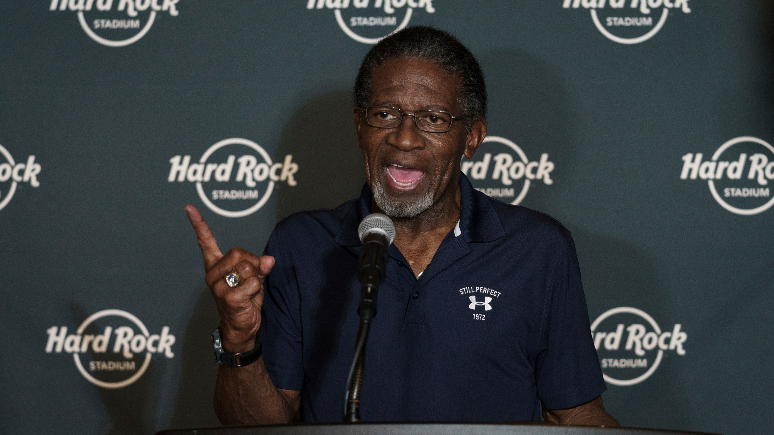 FILE - Mercury Morris speaks to reporters before the Celebration of Life ceremony for former Miami Dolphins football head coach Don Shula on Oct. 2, 2021 at Hard Rock Stadium in Miami Gardens, Fla. (AP Photo/Bryan Cereijo, file)