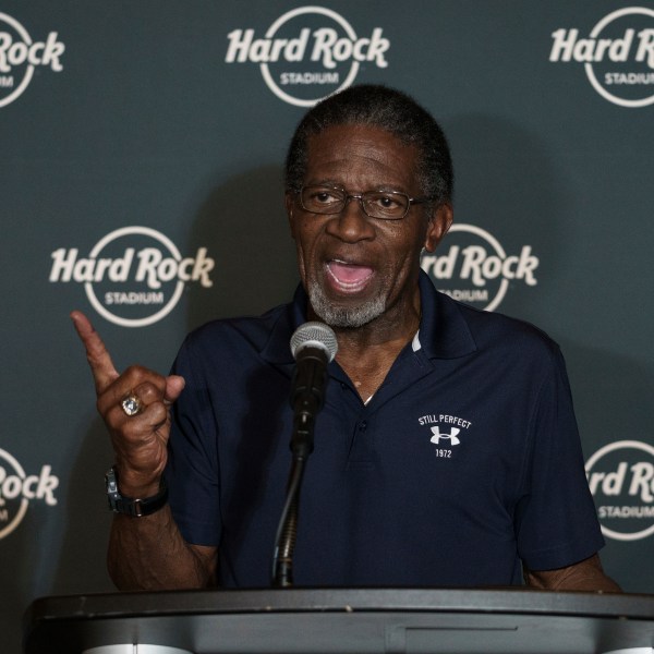 FILE - Mercury Morris speaks to reporters before the Celebration of Life ceremony for former Miami Dolphins football head coach Don Shula on Oct. 2, 2021 at Hard Rock Stadium in Miami Gardens, Fla. (AP Photo/Bryan Cereijo, file)