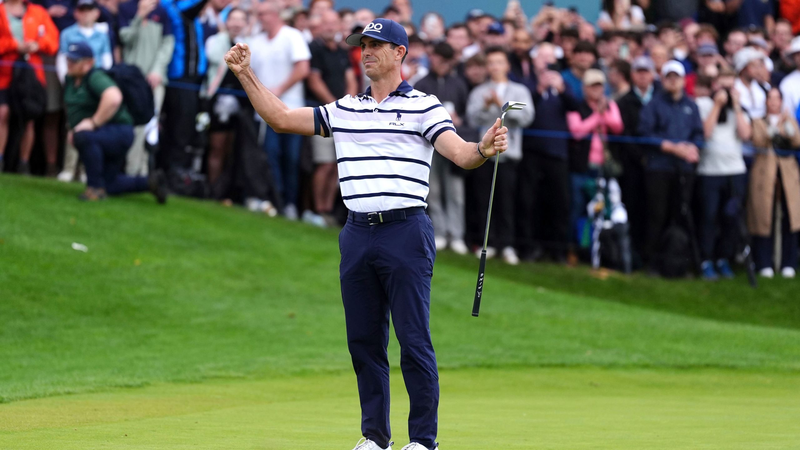 Billy Horschel of the U.S. celebrates victory, following day four of the PGA Championship at Wentworth Golf Club in Virginia Water, England, Sunday Sept. 22, 2024. (Zac Goodwin/PA via AP)