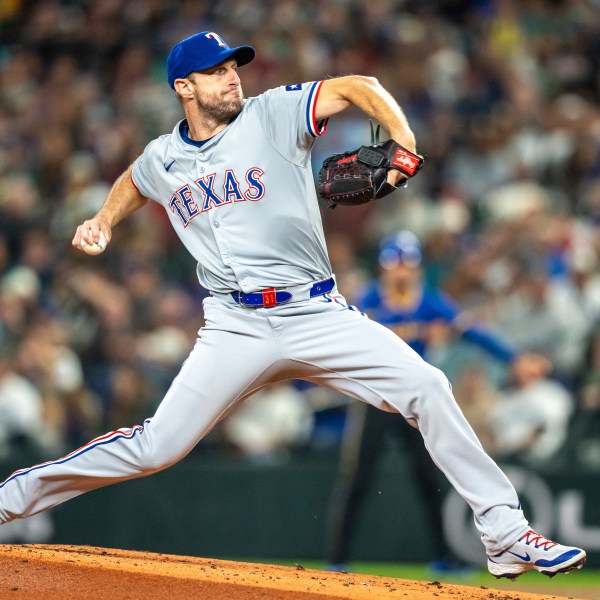 Texas Rangers starter Max Scherzer delivers a pitch during the first inning of a baseball game against the Texas Rangers, Saturday, Sept. 14, 2024, in Seattle. (AP Photo/Stephen Brashear)