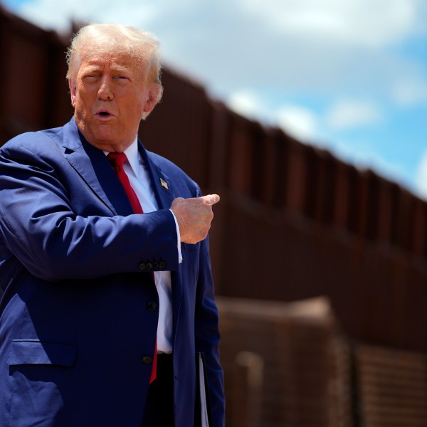 FILE - Republican presidential nominee former President Donald Trump speaks along the southern border with Mexico, on Aug. 22, 2024, in Sierra Vista, Ariz. (AP Photo/Evan Vucci, File)