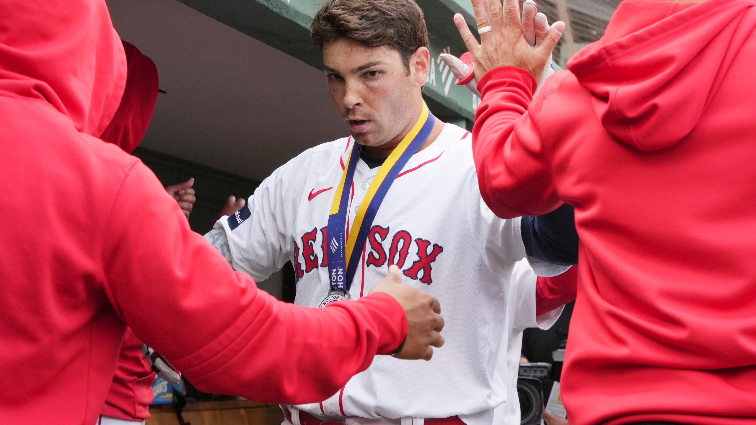 Boston Red Sox's Triston Casas celebrates after his three-run home run during the third inning of the first game of a baseball doubleheader against the Minnesota Twins, Sunday, Sept. 22, 2024, in Boston. (AP Photo/Michael Dwyer)