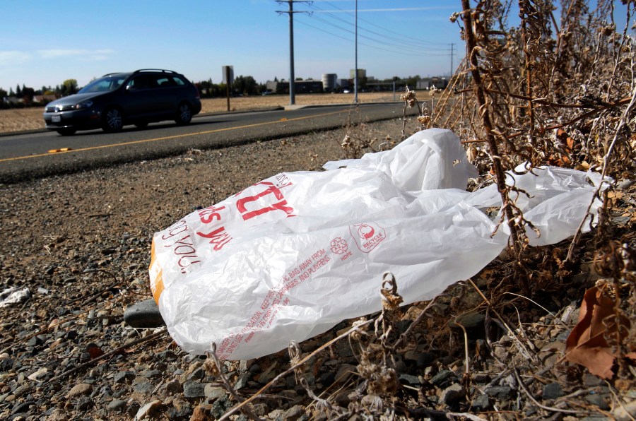 FILE - A plastic bag sits along a roadside in Sacramento, Calif., Oct. 25, 2013. (AP Photo/Rich Pedroncelli, File)