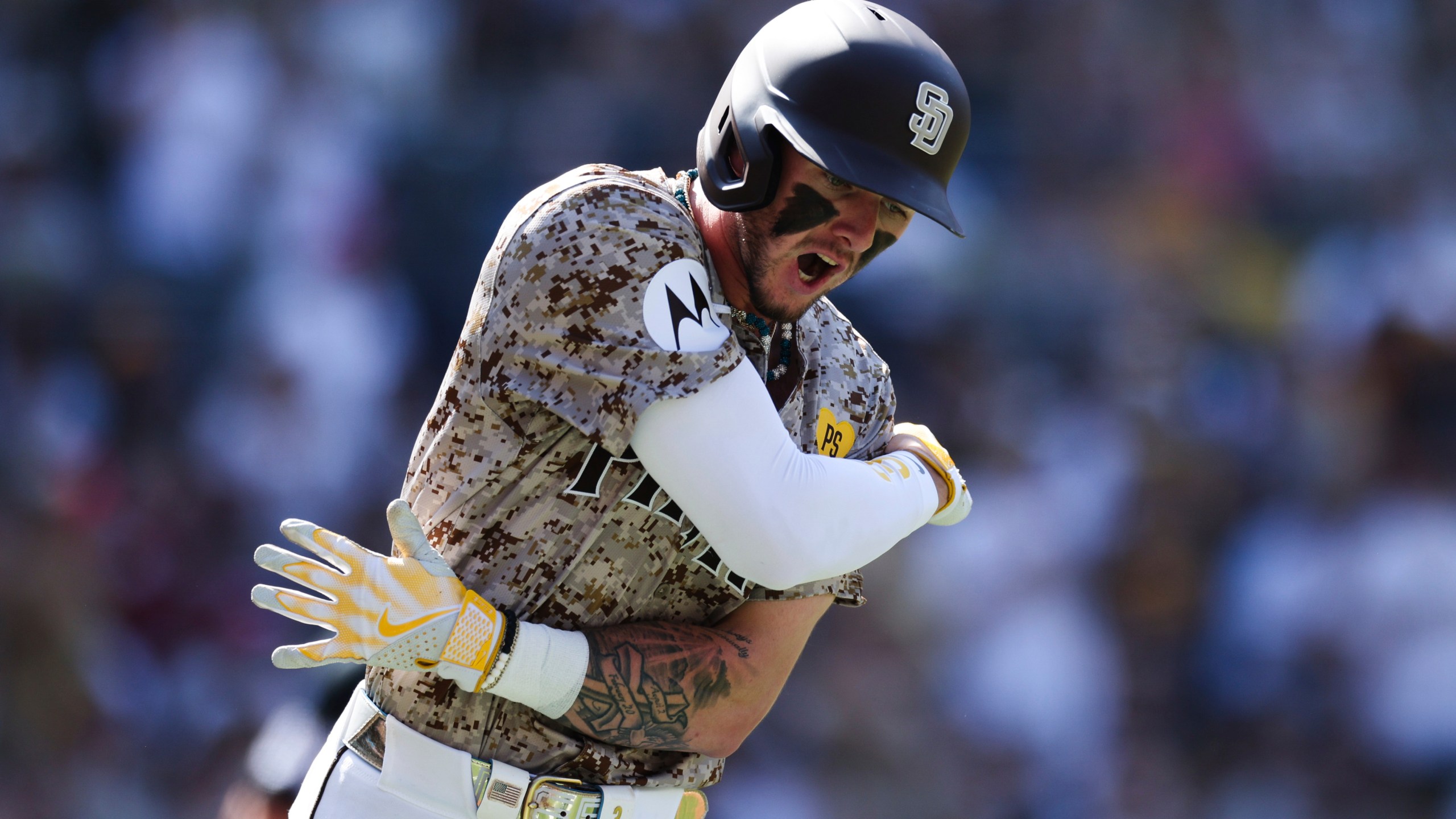 San Diego Padres' Jackson Merrill reacts after flying out to right field in the seventh inning of a baseball game against the Chicago White Sox, Sunday, Sept. 22, 2024, in San Diego. (AP Photo/Derrick Tuskan)