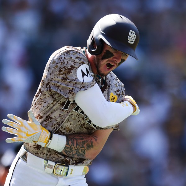 San Diego Padres' Jackson Merrill reacts after flying out to right field in the seventh inning of a baseball game against the Chicago White Sox, Sunday, Sept. 22, 2024, in San Diego. (AP Photo/Derrick Tuskan)