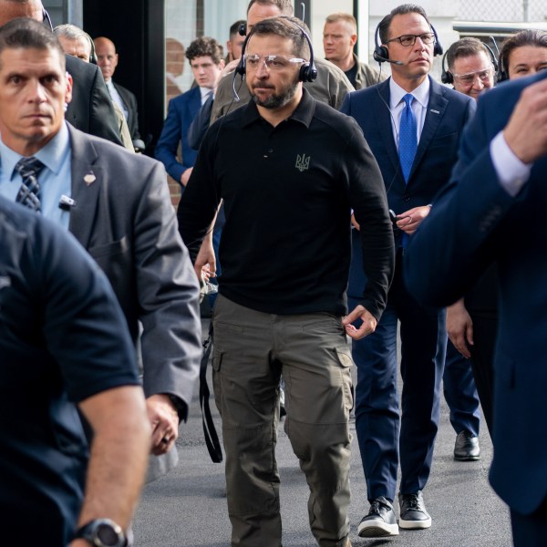 In this photo provided by the U.S. Army, Ukrainian President Volodymyr Zelenskyy, center, tours the Scranton Army Ammunition Plant in Scranton, Pa., Sunday, Sept. 22, 2024. (Staff Sgt. Deonte Rowell/U.S. Army via AP)