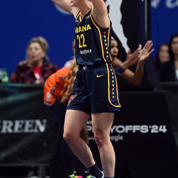 Indiana Fever's Caitlin Clark (22) reacts after a foul call during a first-round WNBA basketball playoff game against the Connecticut Sun at Mohegan Sun Arena, Sunday, Sept. 22, 2024. (Sarah Gordon/The Day via AP)