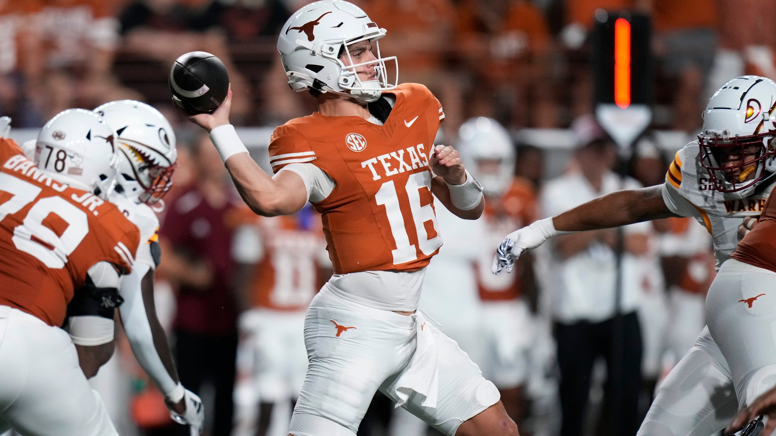 Texas quarterback Arch Manning (16) throws against Louisiana-Monroe during the first half of an NCAA college football game in Austin, Texas, Saturday, Sept. 21, 2024. (AP Photo/Eric Gay)