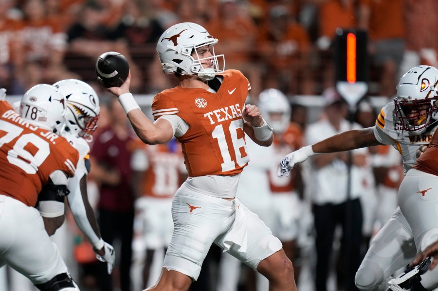 Texas quarterback Arch Manning (16) throws against Louisiana-Monroe during the first half of an NCAA college football game in Austin, Texas, Saturday, Sept. 21, 2024. (AP Photo/Eric Gay)