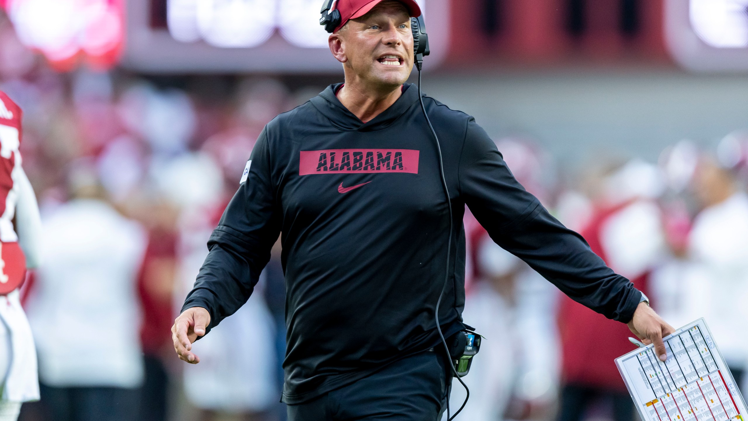 Alabama head coach Kalen DeBoer cheers his team after the first touchdown of the season during the first half of an NCAA college football game against Western Kentucky, Saturday, Aug. 31, 2024, in Tuscaloosa, Ala. (AP Photo/Vasha Hunt)