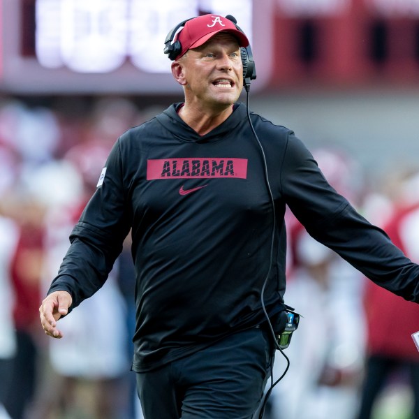 Alabama head coach Kalen DeBoer cheers his team after the first touchdown of the season during the first half of an NCAA college football game against Western Kentucky, Saturday, Aug. 31, 2024, in Tuscaloosa, Ala. (AP Photo/Vasha Hunt)