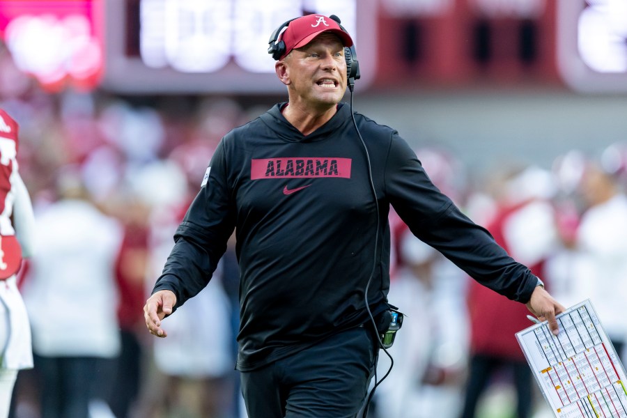 Alabama head coach Kalen DeBoer cheers his team after the first touchdown of the season during the first half of an NCAA college football game against Western Kentucky, Saturday, Aug. 31, 2024, in Tuscaloosa, Ala. (AP Photo/Vasha Hunt)