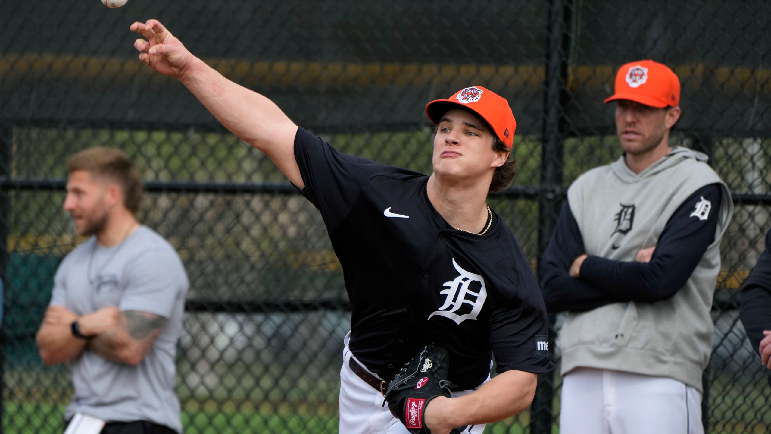 FILE - Detroit Tigers pitcher Jackson Jobe throws during a baseball spring training workout Feb. 16, 2024, in Lakeland, Fla. (AP Photo/Charlie Neibergall, File)