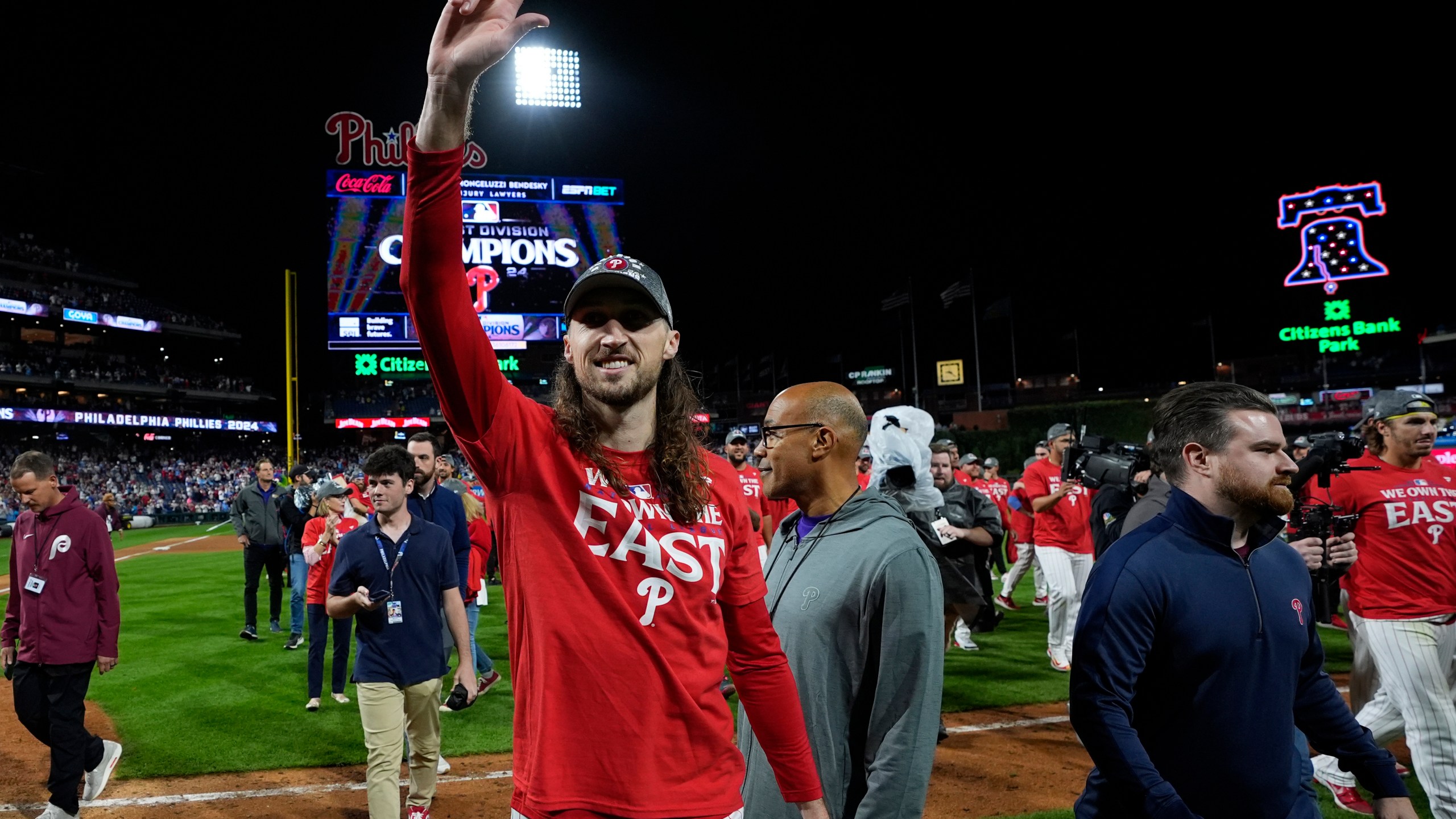 Philadelphia Phillies' Matt Strahm celebrates after winning a baseball game against the Chicago Cubs to clinch the NL East title, Monday, Sept. 23, 2024, in Philadelphia. (AP Photo/Matt Slocum)