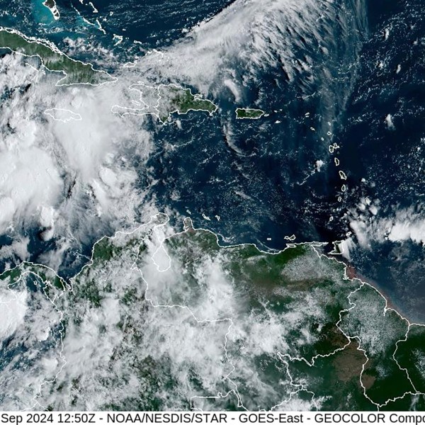 This image provided by the National Oceanic and Atmospheric Administration shows a cluster of storms located south of the Cayman Islands which are expected to strengthen in upcoming days, Monday, Sept. 23, 2024. (NOAA via AP)