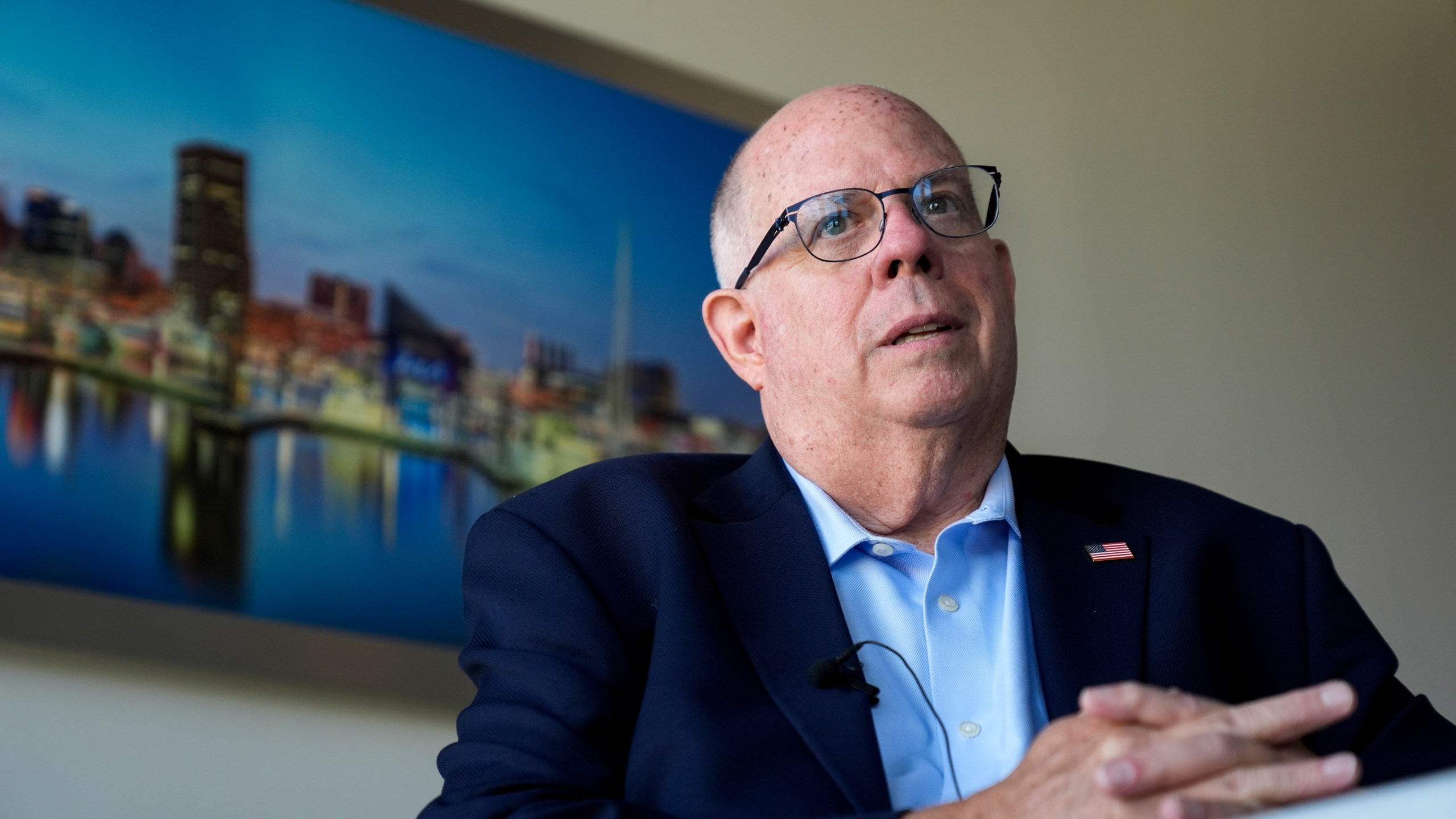 Senate candidate former Maryland Gov. Larry Hogan speaks during an interview with The Associated Press, Tuesday, Aug. 27, 2024, in Annapolis, Md. (AP Photo/Stephanie Scarbrough)