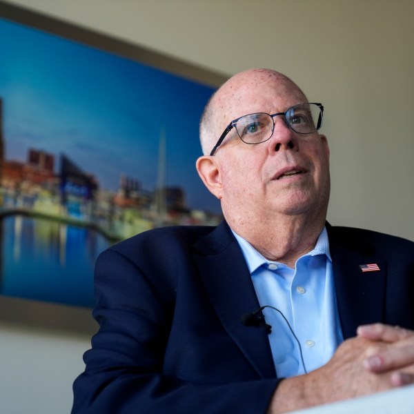 Senate candidate former Maryland Gov. Larry Hogan speaks during an interview with The Associated Press, Tuesday, Aug. 27, 2024, in Annapolis, Md. (AP Photo/Stephanie Scarbrough)