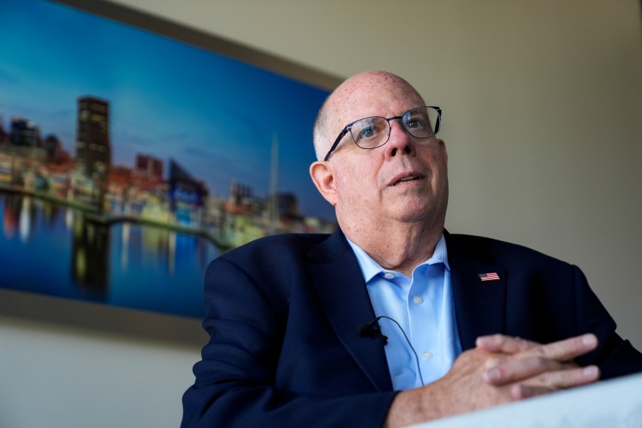 Senate candidate former Maryland Gov. Larry Hogan speaks during an interview with The Associated Press, Tuesday, Aug. 27, 2024, in Annapolis, Md. (AP Photo/Stephanie Scarbrough)