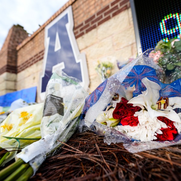 FILE - A memorial is seen at Apalachee High School after the Wednesday school shooting, Saturday, Sept. 7, 2024, in Winder, Ga. (AP Photo/Mike Stewart, File)