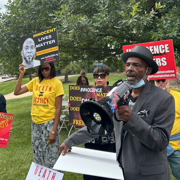 FILE - Joseph Amrine, who was exonerated two decades ago after spending years on death row, speaks at a rally to support Missouri death row inmates Marcellus Williams on Aug. 21, 2024, in Clayton, Mo. (AP Photo/Jim Salter, file)