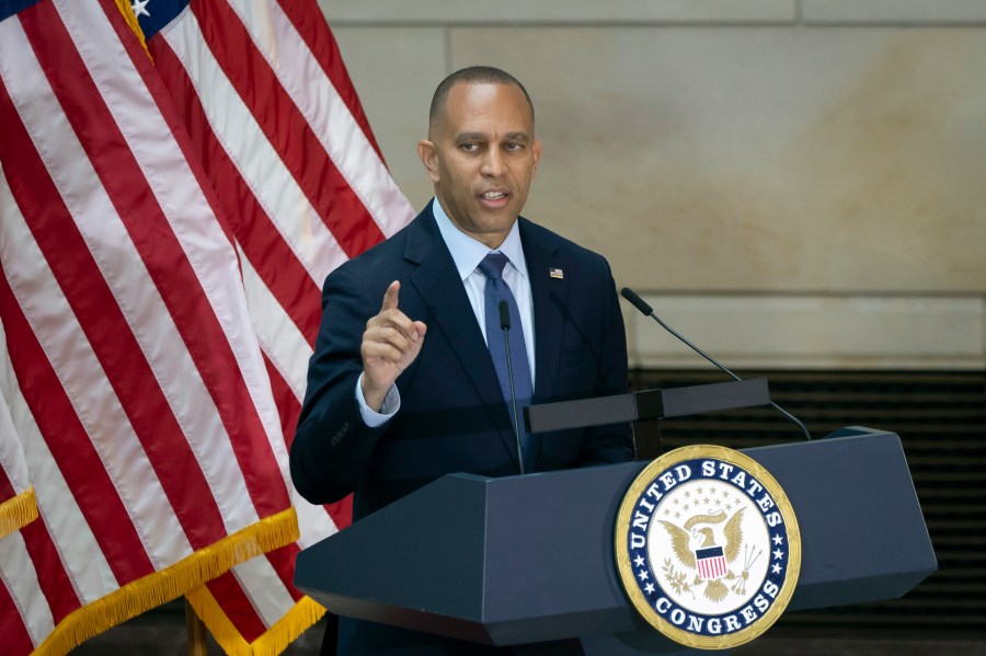 House Minority Leader Hakeem Jeffries, D-N.Y., speaks at the unveiling of a bronze statue of singer Johnny Cash, created by Little Rock sculptor Kevin Kresse, in Emancipation Hall at the Capitol in Washington, Tuesday, Sept. 24, 2024. (AP Photo/Ben Curtis)