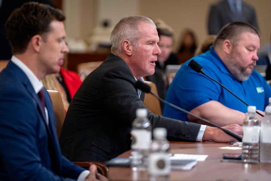 Former NFL quarterback Brett Favre appears before the House Committee on Ways and Means on Capitol Hill, Tuesday, Sept. 24, 2024, in Washington. (AP Photo/Mark Schiefelbein)