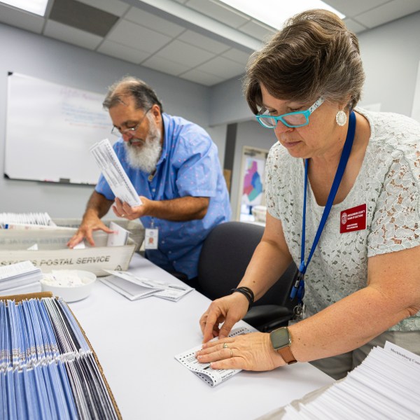 FILE - Dawn Stephens, right, and Duane Taylor prepare ballots to be mailed at the Mecklenburg County Board of Elections in Charlotte, N.C., Sept. 5, 2024. (AP Photo/Nell Redmond)