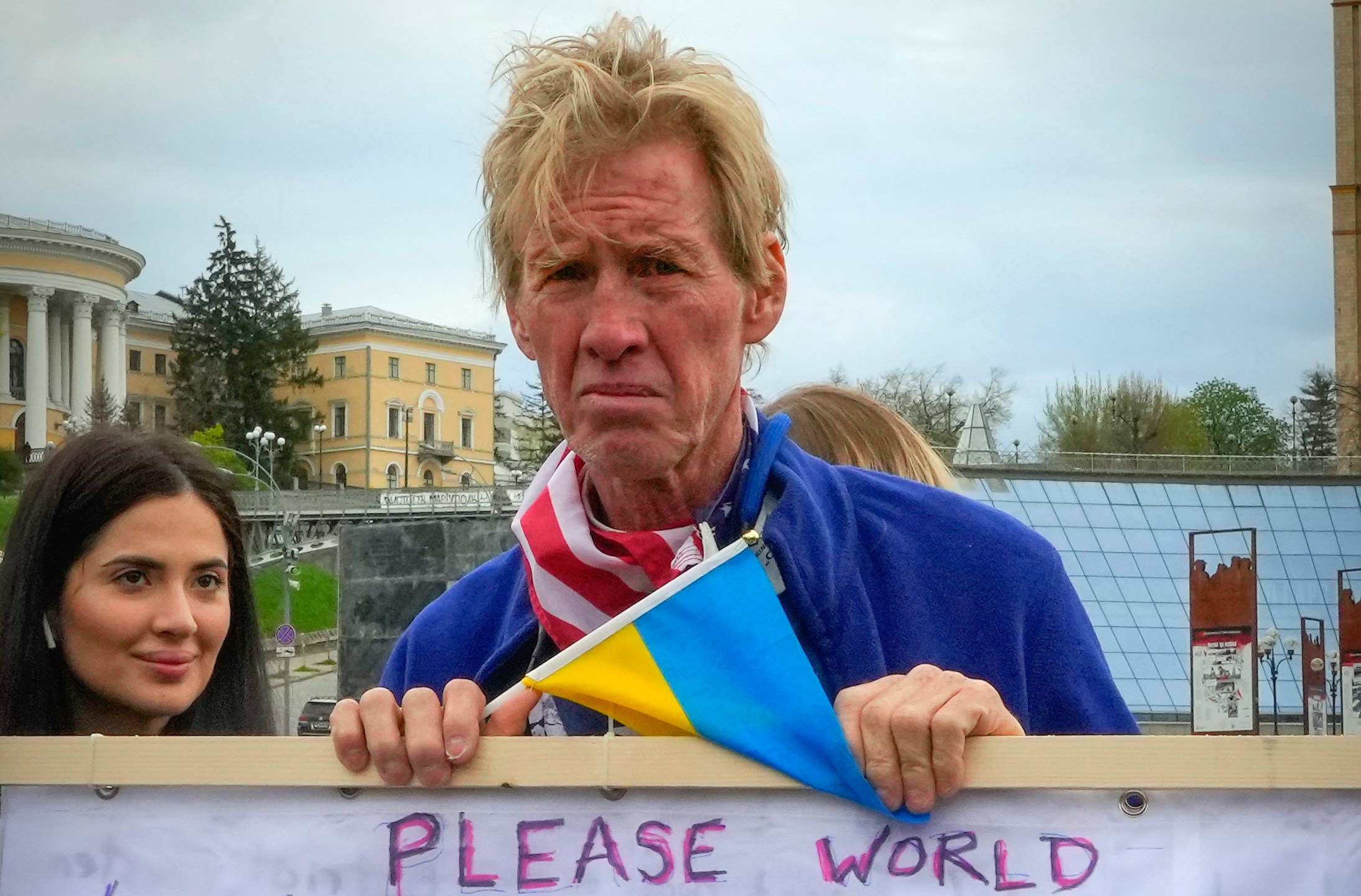 Ryan Wesley Routh takes part in a rally in central Kyiv, Ukraine, Saturday, April 30, 2022. (AP Photo/Efrem Lukatsky)