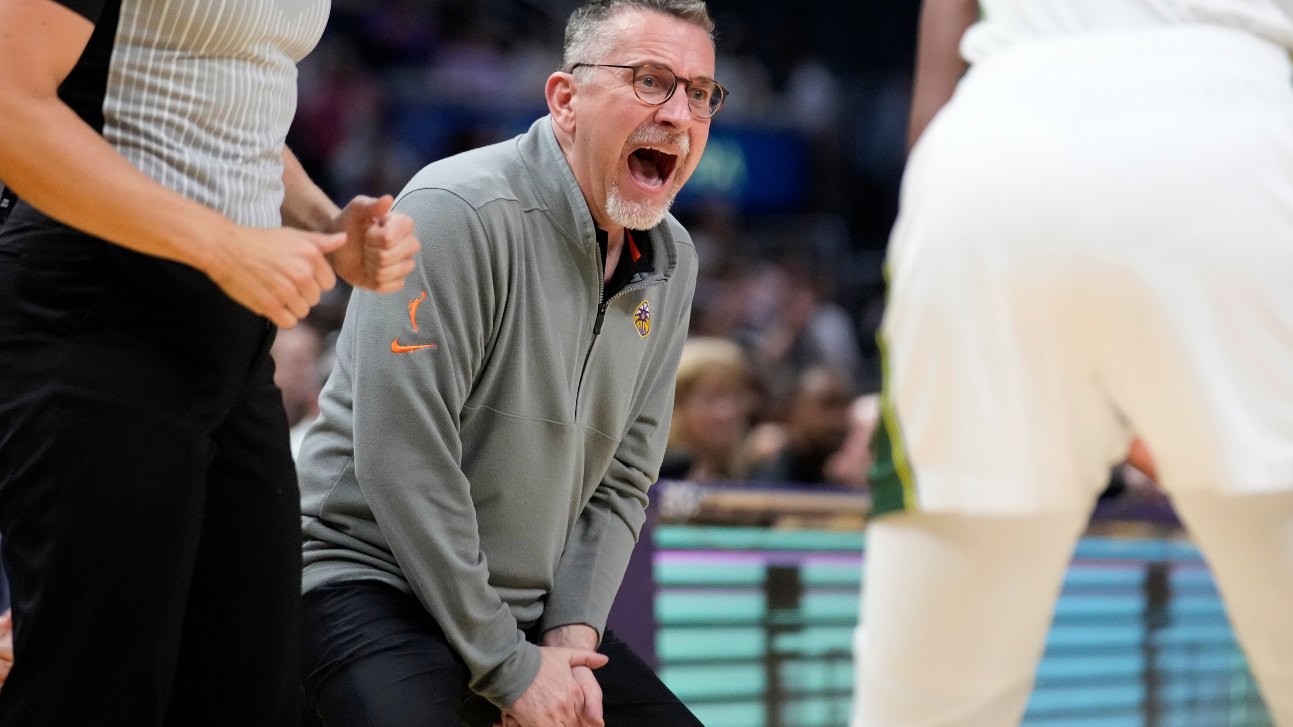 FILE - Los Angeles Sparks head coach Curt Miller yells to his team during the second half of a WNBA basketball game against the Seattle Storm, Wednesday, Sept. 11, 2024, in Los Angeles. (AP Photo/Mark J. Terrill, File)