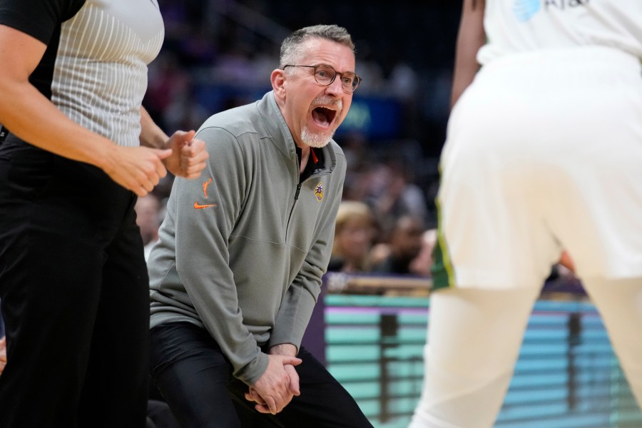 FILE - Los Angeles Sparks head coach Curt Miller yells to his team during the second half of a WNBA basketball game against the Seattle Storm, Wednesday, Sept. 11, 2024, in Los Angeles. (AP Photo/Mark J. Terrill, File)