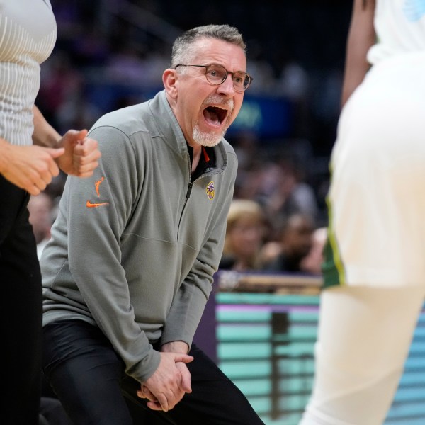 FILE - Los Angeles Sparks head coach Curt Miller yells to his team during the second half of a WNBA basketball game against the Seattle Storm, Wednesday, Sept. 11, 2024, in Los Angeles. (AP Photo/Mark J. Terrill, File)