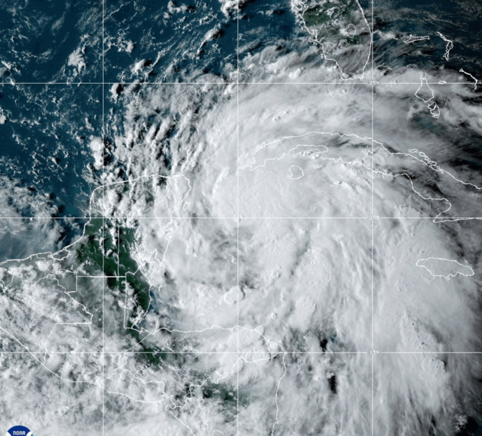 This National Oceanic and Atmospheric Administration satellite image taken at 6:10pm ET shows Tropical Storm Helene off the Gulf Coast of Florida near Mexico and Cuba on Tuesday, Sept. 24, 2024. (NOAA via AP)