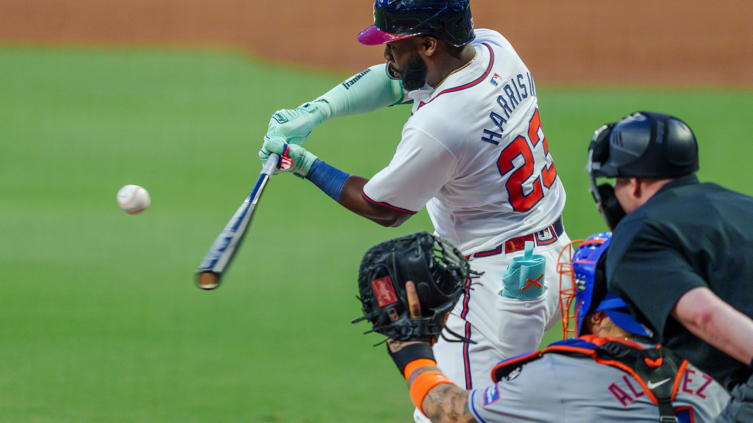 Atlanta Braves' Michael Harris II swings at a pitch called as a strike in the first inning of a baseball game against the New York Mets, Tuesday, Sept. 24, 2024, in Atlanta. (AP Photo/Jason Allen)