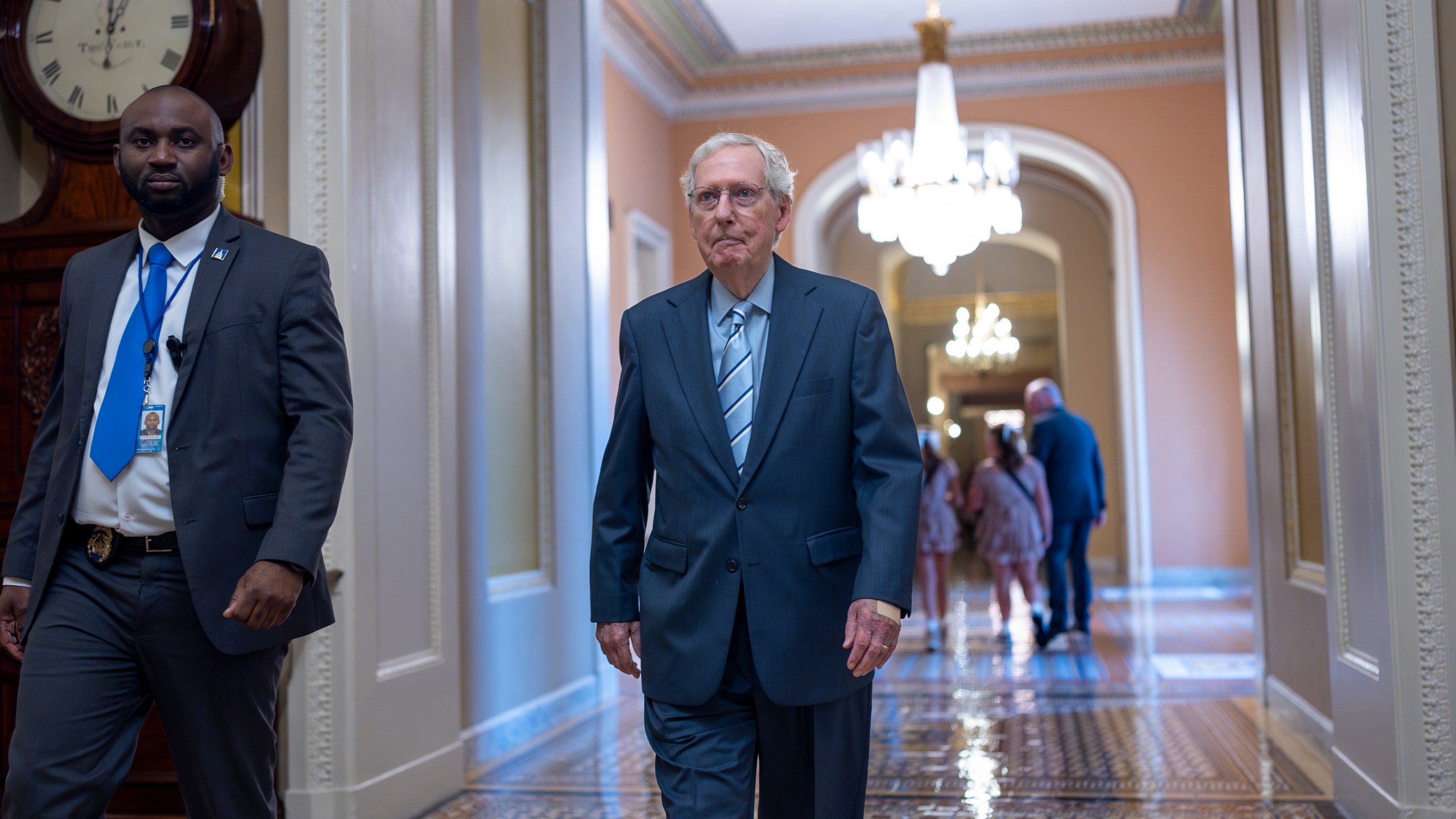 Senate Minority Leader Mitch McConnell, R-Ky., heads to the chamber as Congress prepares for votes on an interim spending bill to avoid a government shutdown next week, at the Capitol in Washington, Wednesday, Sept. 25, 2024. (AP Photo/J. Scott Applewhite)