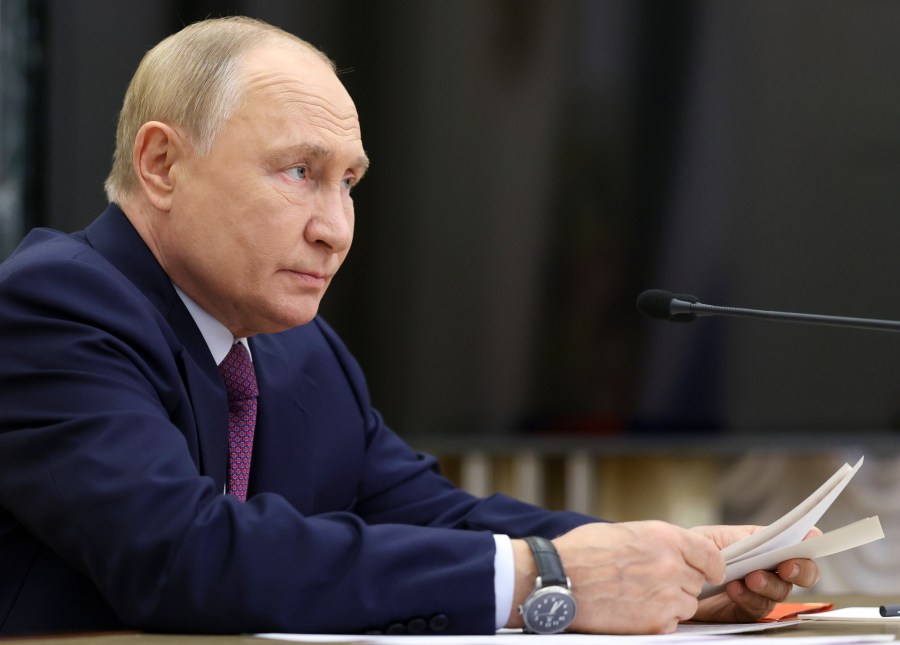 Russian President Vladimir Putin leads the Security Council meeting on nuclear deterrence at the Kremlin in Moscow, Russia, Wednesday, Sept. 25, 2024. (Alexander Kazakov, Sputnik, Kremlin Pool Photo via AP)