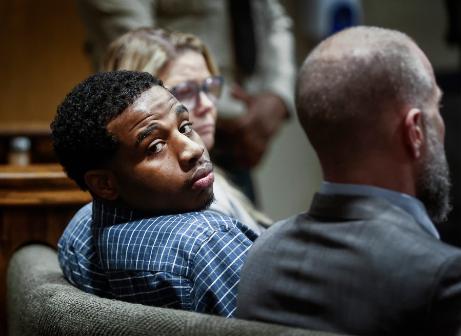 Defendant Justin Johnson, center, was found guilty of murder in the death of Memphis rapper Young Dolph, in court in Memphis, Tenn., on Thursday, Sept. 26, 2024. (Mark Weber/Daily Memphian via AP, Pool)